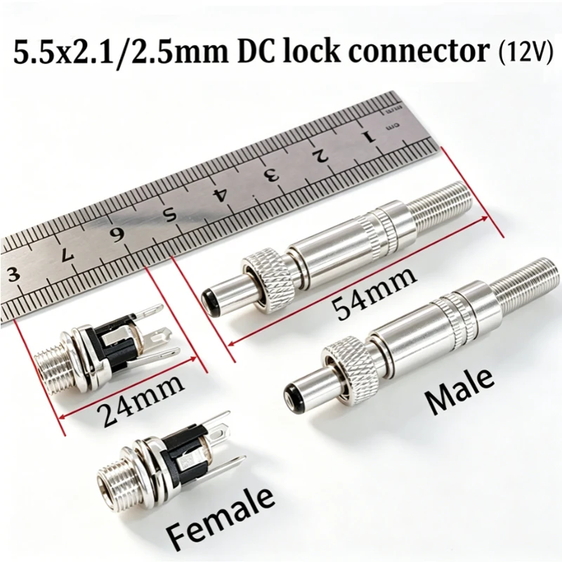 Metal Lock Long Thread DC Connector 5.5x2.1 5.5x2.5mm 12V Male Female Jack Compatible CCTV Camera LED Strip Router Power Adapter