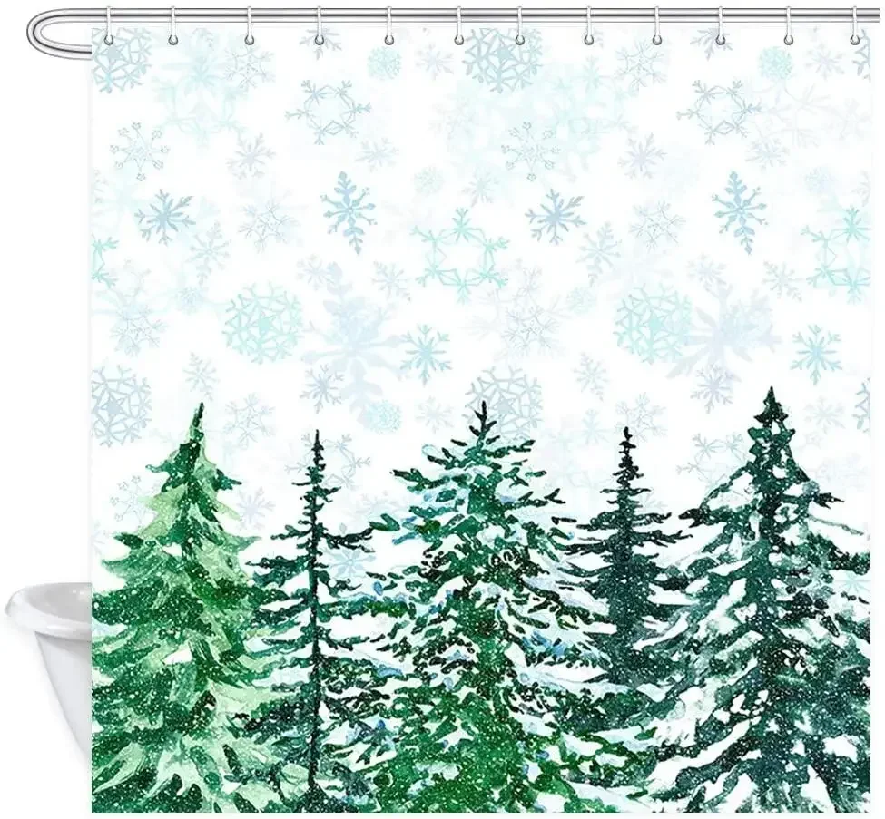 Farmhouse Christmas Shower Curtains for Bathroom,Rustic Snowy Pine Trees with Winter Forest Polyester Snowflake Bath Curtain Set