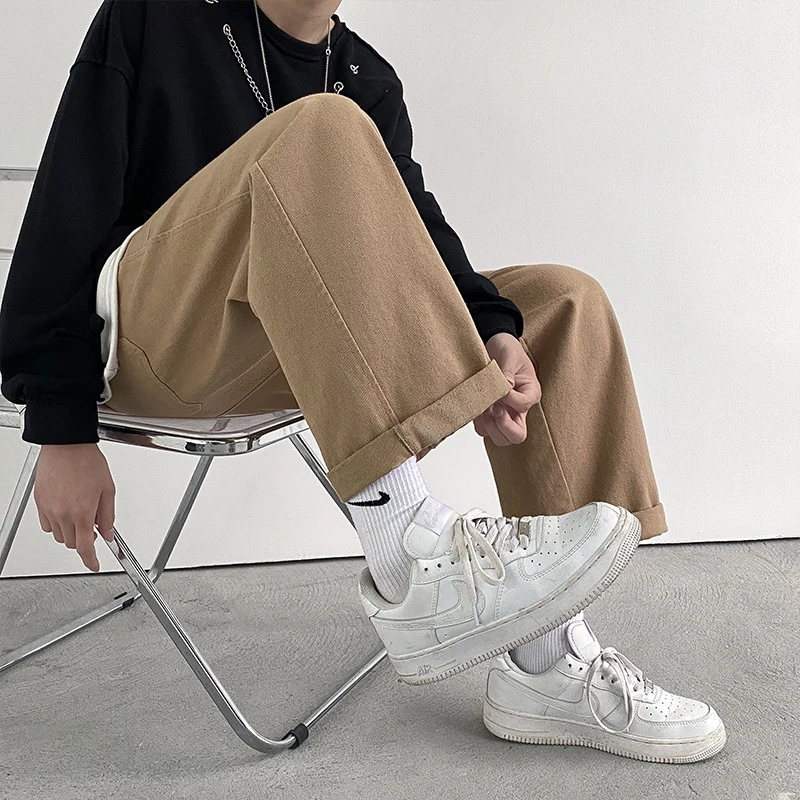 Cotton Casual Pants Men Oversized Wide Leg Pants Men Japanese Streetwear Hip-hop Loose Straight Pants Men Beige Trousers S-2XL