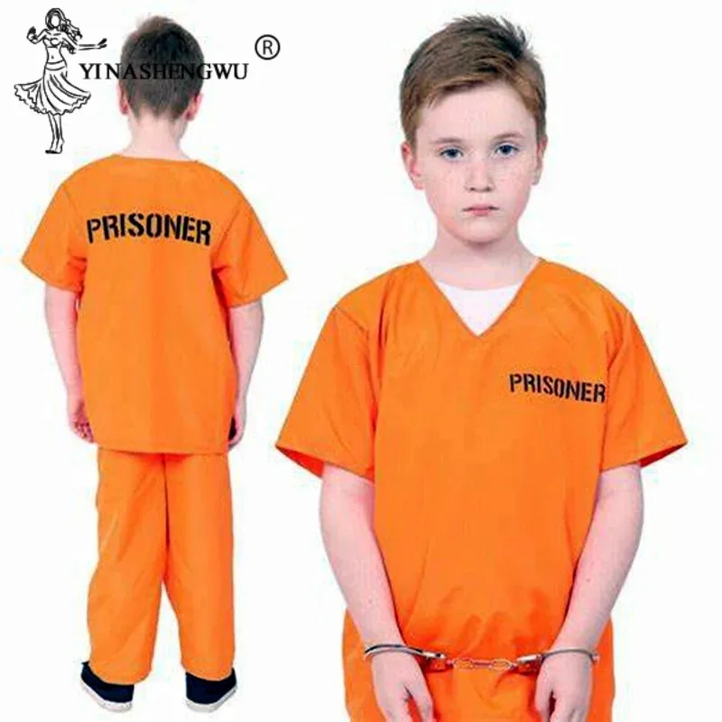 Inmate Cosplay Costume Orange Prisoner Jumpsuit Jailbird Outfit For Adult Child Set Halloween Christmas Costume Family Clothing