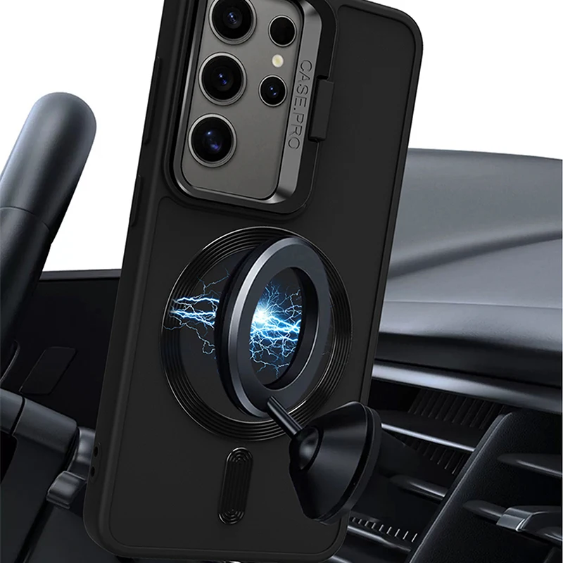 For Magsafe Magnetic Wireless Charging Car Phone Case For Samsung S24 Ultra S23 Ultra Plus Lens Holder Shockproof Back Cover image 2