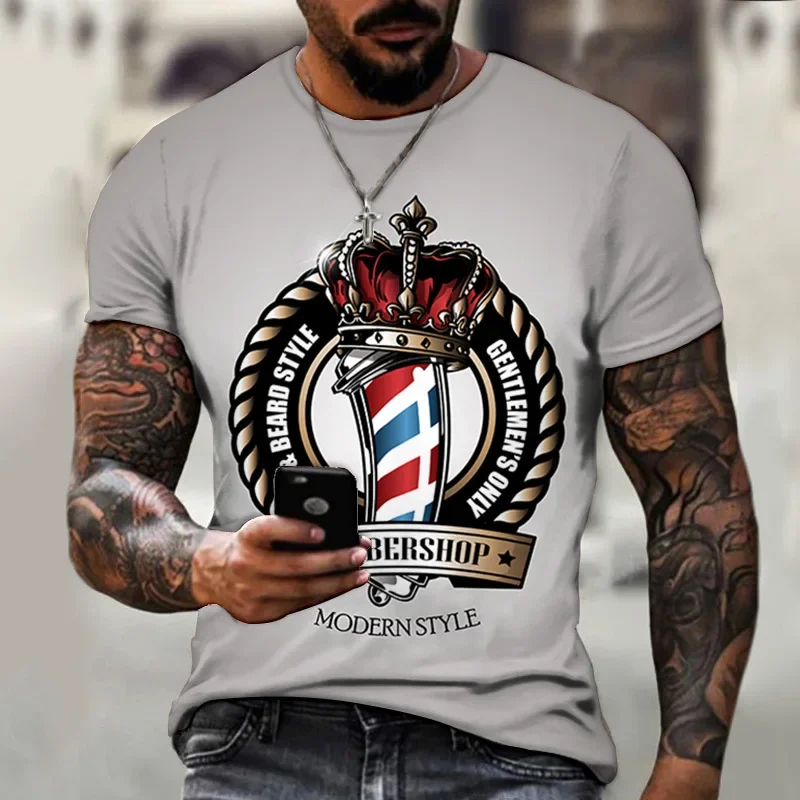 Vintage T-shirt For Men Handdrawn Barber Shop Logo  Graphic Printed T-Shirts Short sleeved Tee Oversized Men Clothing Top Summer