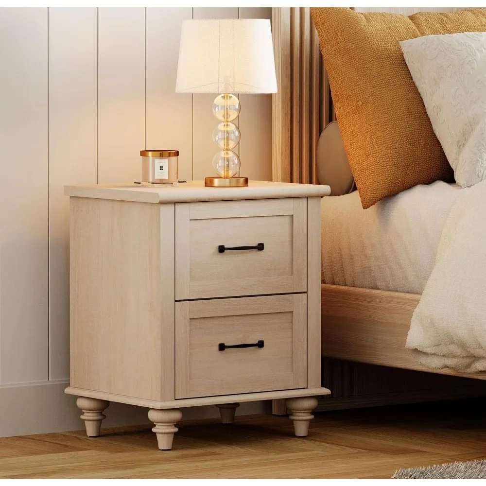 

Nightstand Side Table with Charging Station, Beige End Table with 2 Drawers for Living Room, Elegant Night Stand Bedside Table