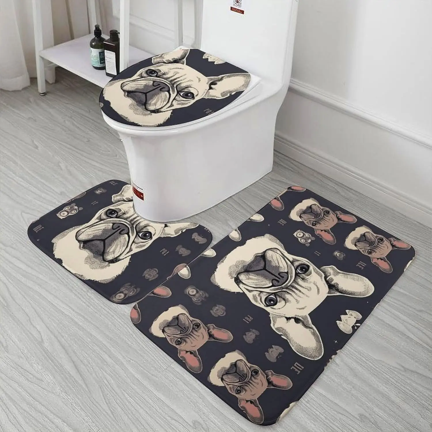 3 Piece Bath Rug Set Non Slip Absorbent Bath Mat Contour Mat with Toilet Lid Cover I Love French Bulldog Soft Floor Mats for