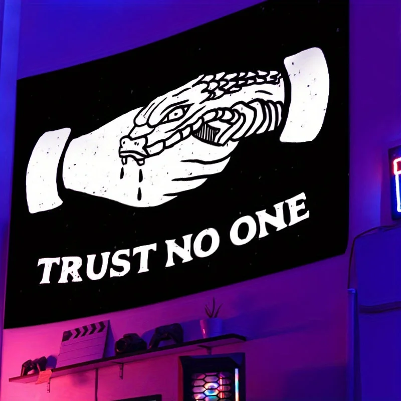 Trust No One Tapestry, Streetwear Graffiti Wall Hanging, Snake Handshake Art Dark Aesthetic Room Decor Hip Hop Poster Edgy Goth