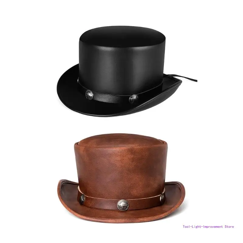 

C63E PU Leather Gentleman Hat Hat Punk for Halloween Party Stage Performance Costume Cosplay Retro Hat Accessories