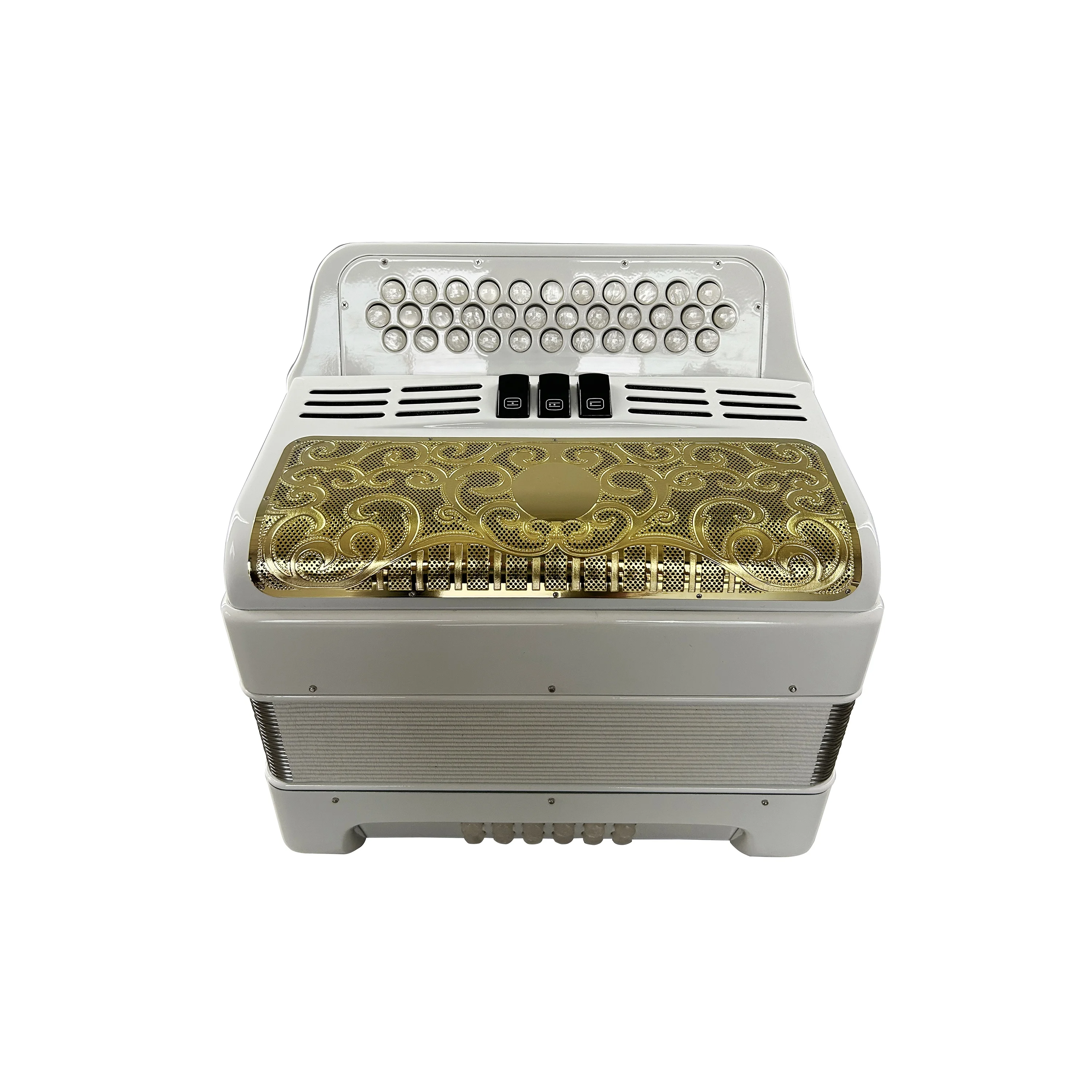 34 przyciski 12 basów 3 rejestrów jasny biały akordeon złoty grill białe przyciski instrument akordeonowy Acordeon Musical JB3412C