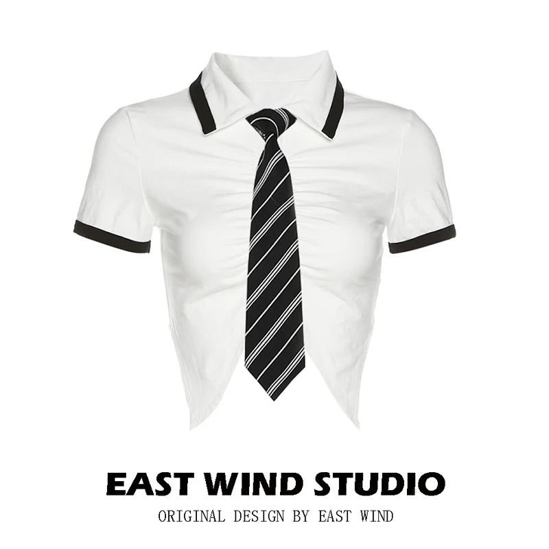 

EAST WIND Spicy Girl Sle White Cotton ort Sve irt Color Blo Asymmetrical Tailor ort Women's Top Street Faion