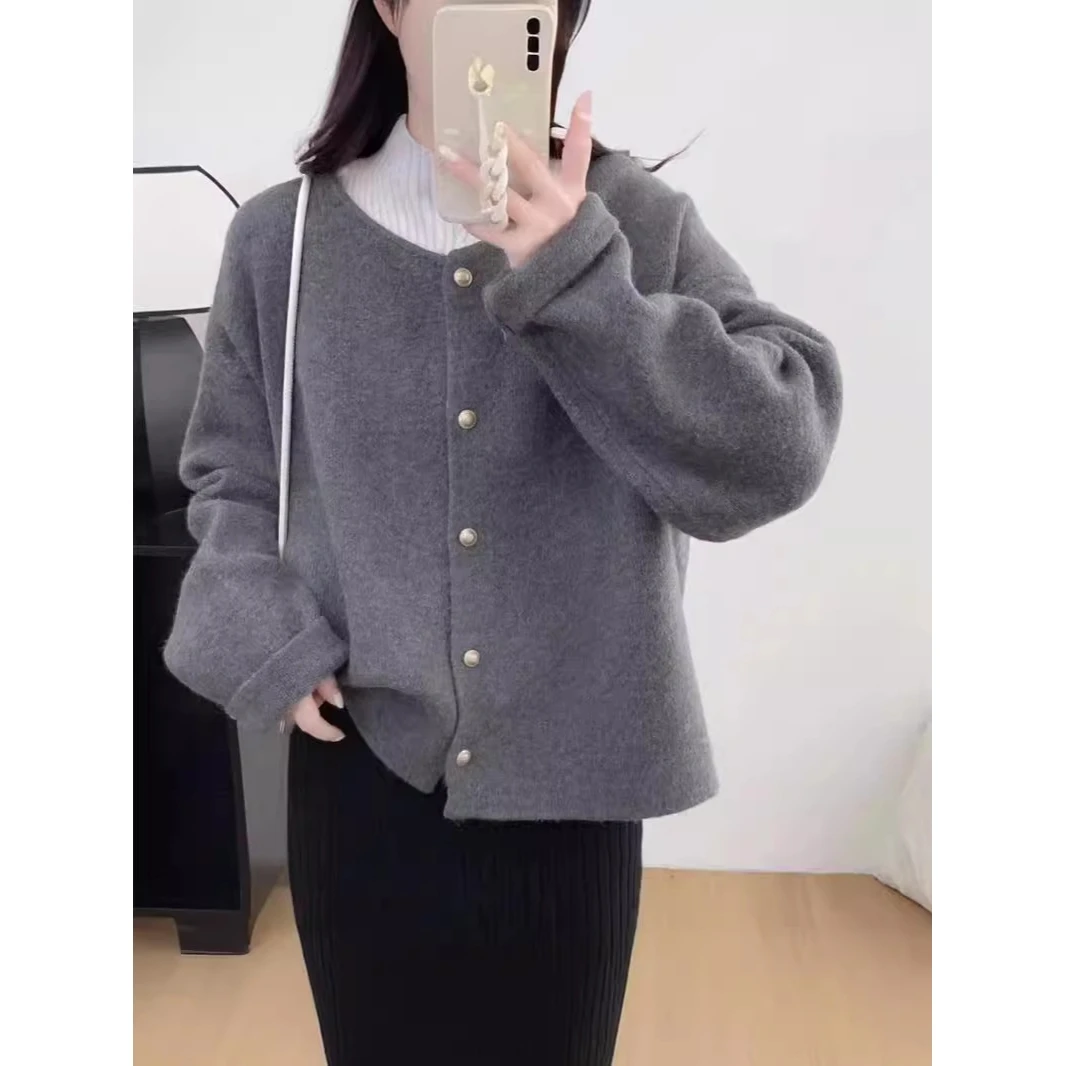 

Korean Sle round Ne Single Button Pure Color Knitted Sweater Coat Autumn Winter Long Sve Button up Color Coat