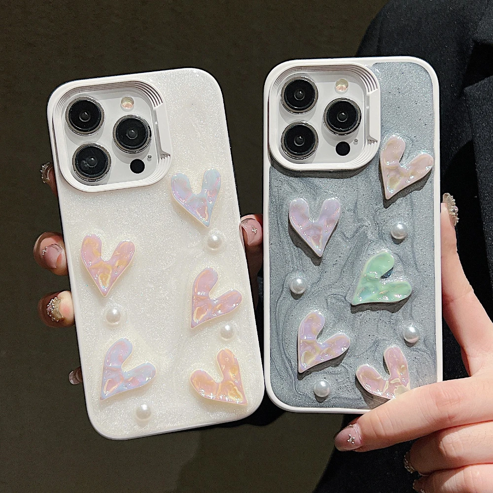 Luxury Bling Glitter 3D Love Heart Phone Case for Iphone 14 13 12 11 15 Luminous TPU Drop Glue Lens Protection Bumper Back Cover