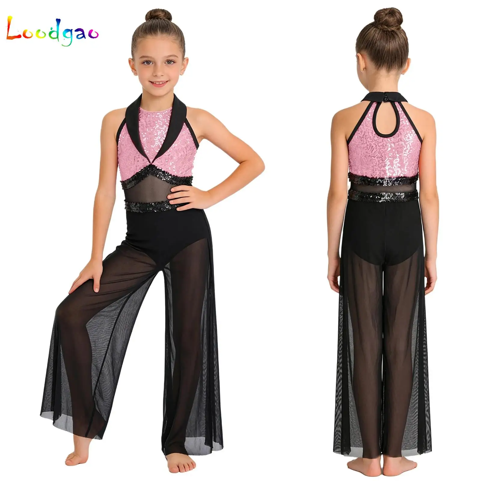 

Kids Girls Sequins Jumpsuits Lyrical Competition Performance Dancewear Sleeveless Sides Split Wide-leg Bodysuit 60s 70s Clothes
