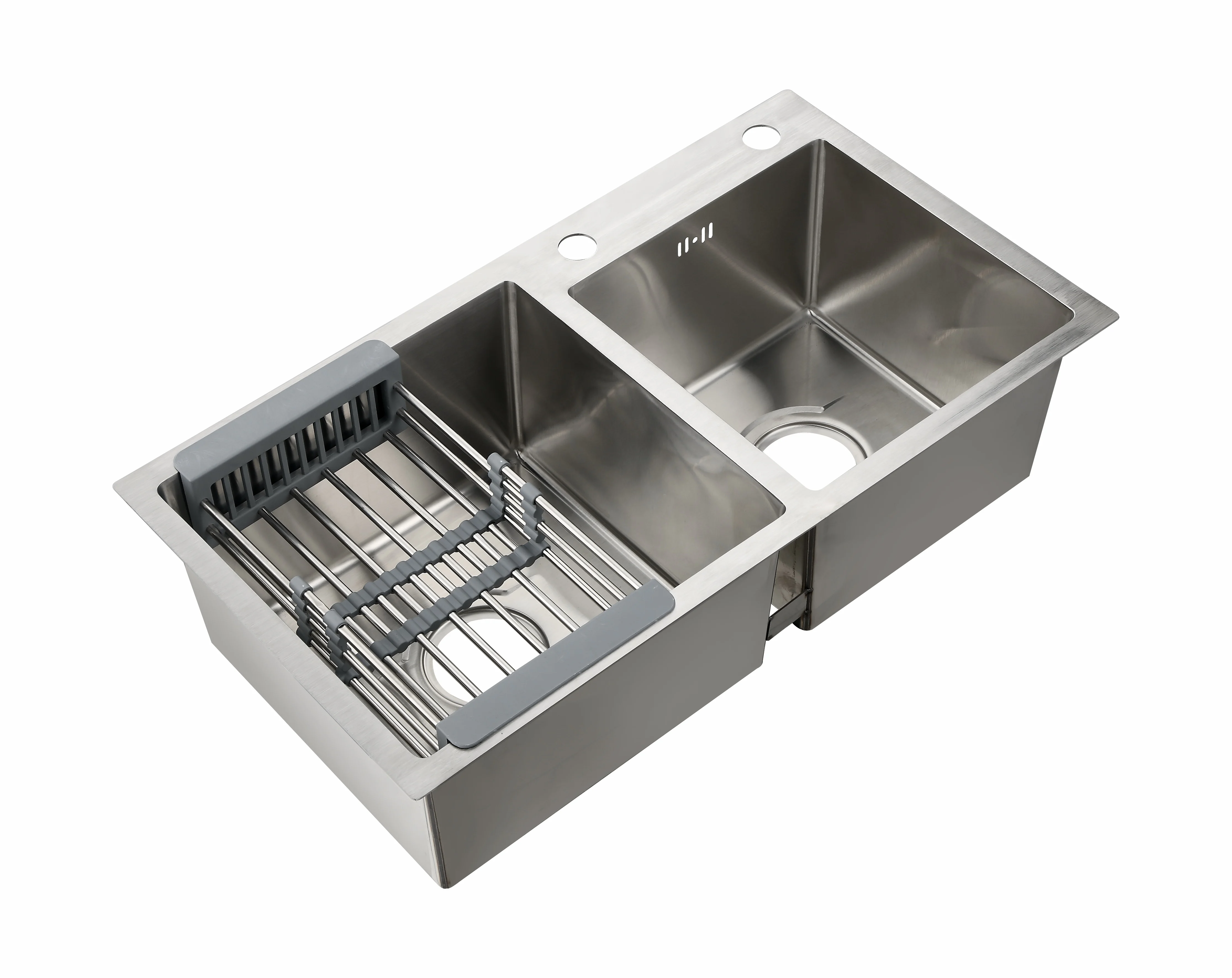 Polished Black Kitchen Sink Large Square Double Bowl and Two Holes for Square Counter