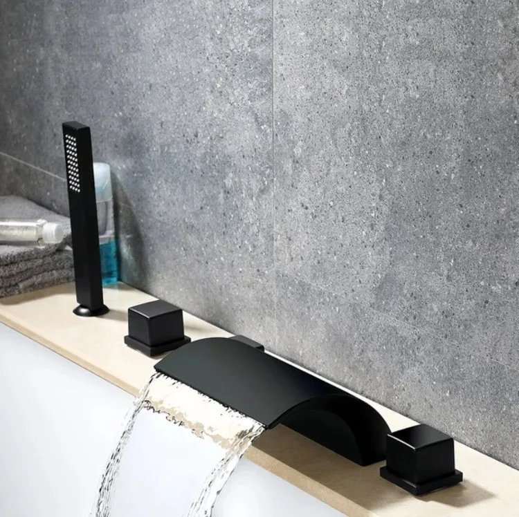 Five-piece Black Waterfall Faucet, Hot And Cold Water Triple Basin, Bathtub Five-hole Hot And Cold Faucet