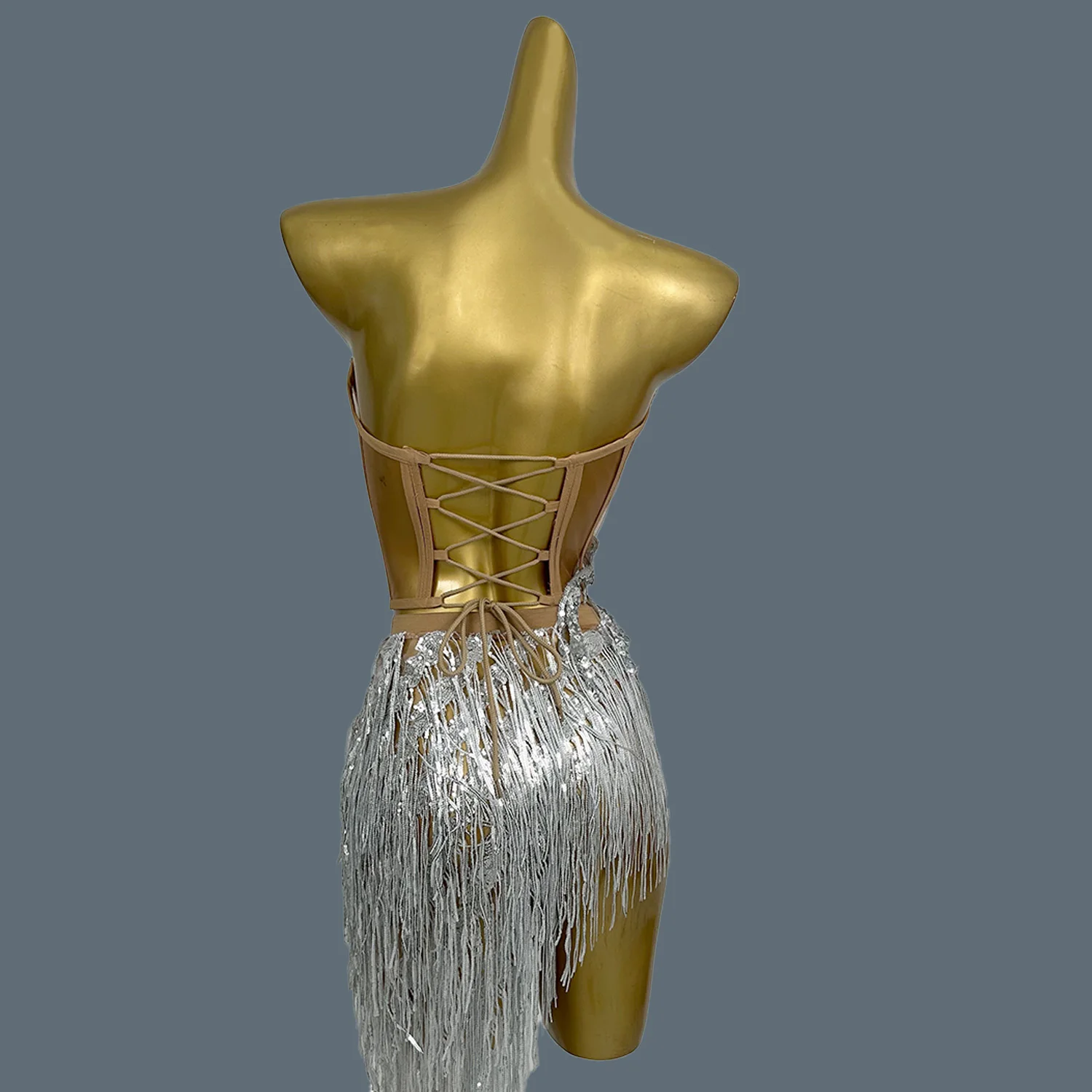 

Women Sparkly Silver Sequins Tassel Top Skirt 2 Pieces Set Sexy Birthday Party Dress Cliub Performance Dance Costume Stage Wear