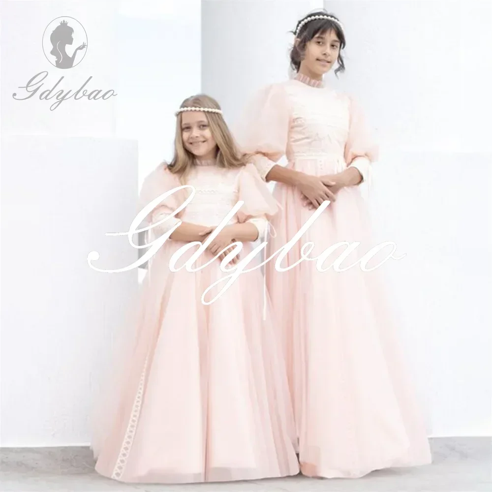 Classic A Line Elegant Formal Wedding Party Flower Girl Dress Puff Sleeve Floor Length Princess First Communion Gown New 2024