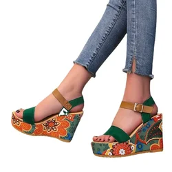 Shoes for Women Summer Wedge Sandals Retro Ethnic Printing Platform Shoes Ladies Casual Ankle Comfortable Sandalias De Mujer