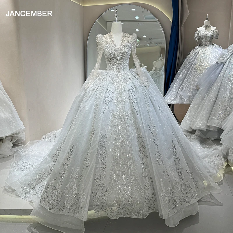 Customized Gorgeous Ball Gown Organza Wedding Dress Vintage Pearls Long Sleeves Women Bridal Gowns With Beaded Vestido de novia