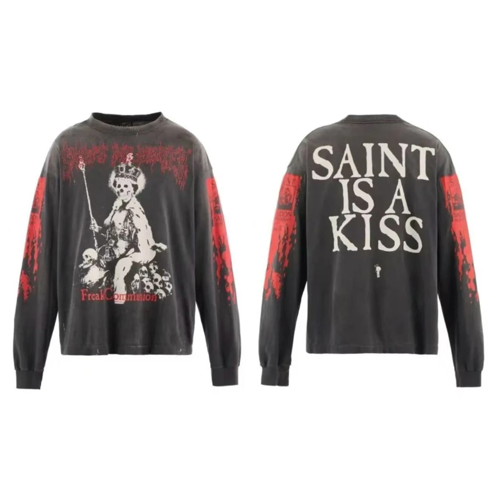 

Vintage Long Sleeves Skeleton Throne Washed Loose T-shirt Men Women Heavy Fabric T Shirt Top Tees