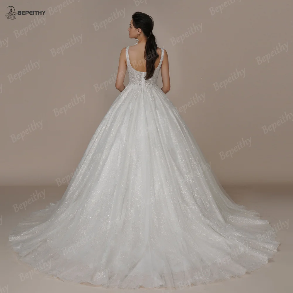 BEPEITHY Customized Bride Luxury V Neck Crystal Wedding Dresses 2023 Court Train Beading Exquisite Ivory Bridal Ball Gown Spring