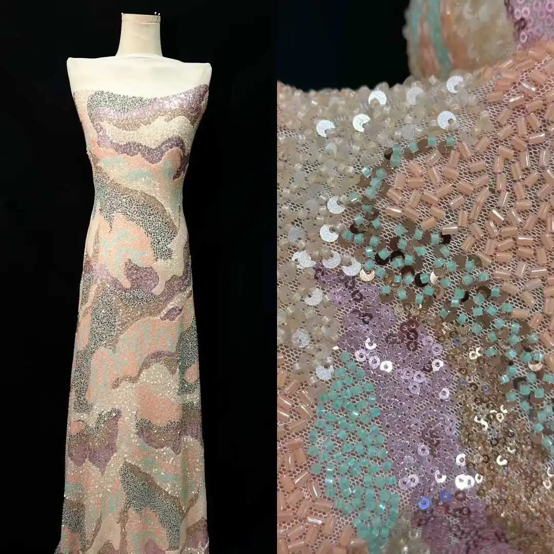 

African Heavy Beaded Groom Lace Fabric High Quality French Mesh Lace Fabric Sequins Nigerian Lace Fabrics For Wedding Dress Sew