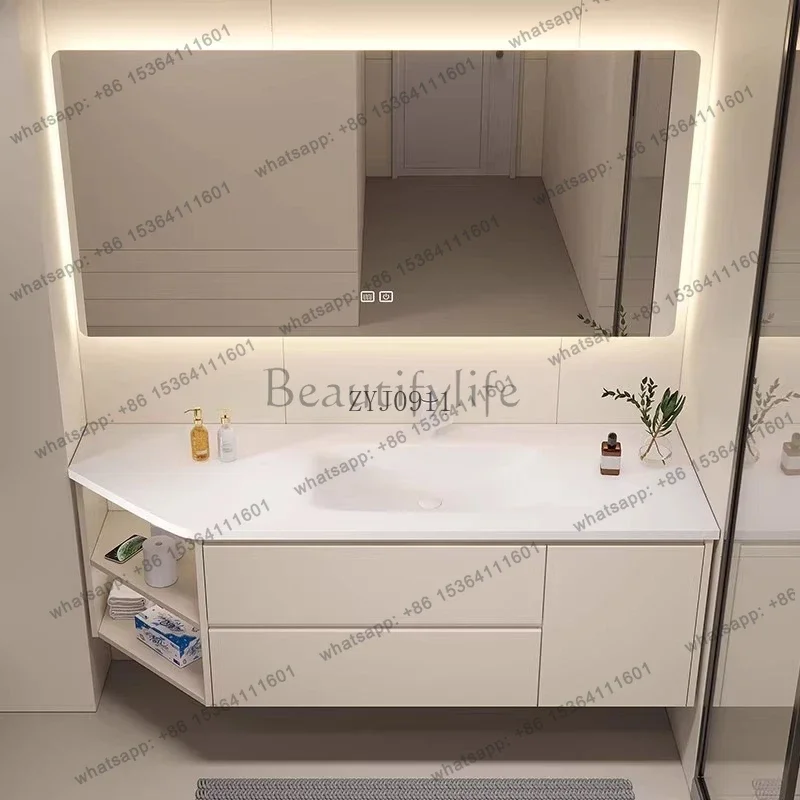 

Integrated basin, bathroom cabinet, combined cream wind wash table, rounded corners, side storage.