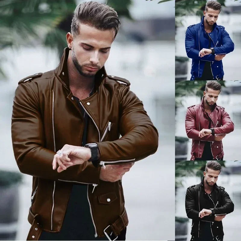 

2023 Autumn/Winter New Men's Large Four Color Leather Coat Solid Zipper Motorcycle Leather Jacket Lapel Casual PU Coat