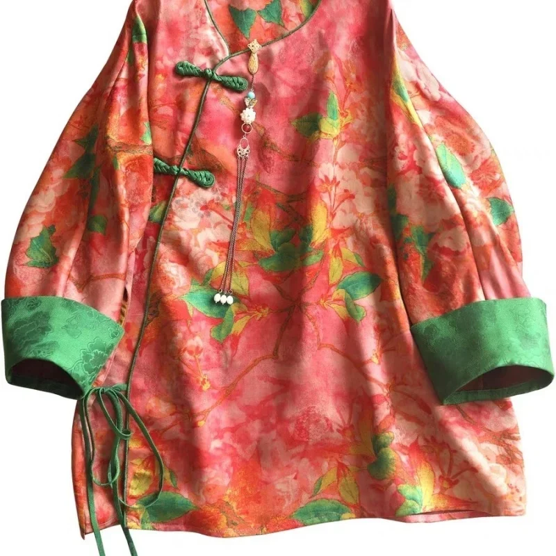 

Chinese Style Jacquart Lace Up Blouse Women Autumn New Loose Long Sleeve O-neck Literary Female Shirt Frog Button Tops