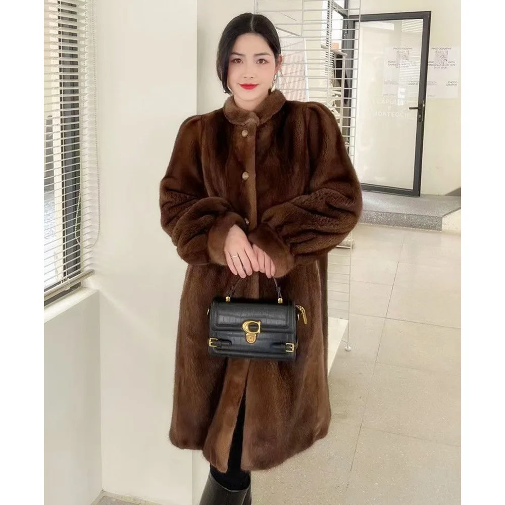 2023 New Danish Fur Coat Women\'s Foreign Style Stand Collar Mink Velvet Overcoat High End Temperament Thick Warm Long Fur Jacket