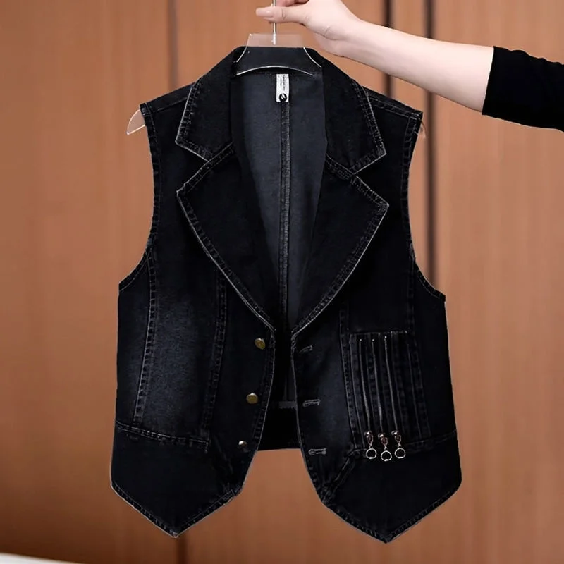 

Новая повседневная джинсовая жилетка 2026 года для женщин: весенне-осенний жакет с отложным воротником, универсальный, стильный, в корейском ретро-стиле, джинсовая куртка-топ для женщин