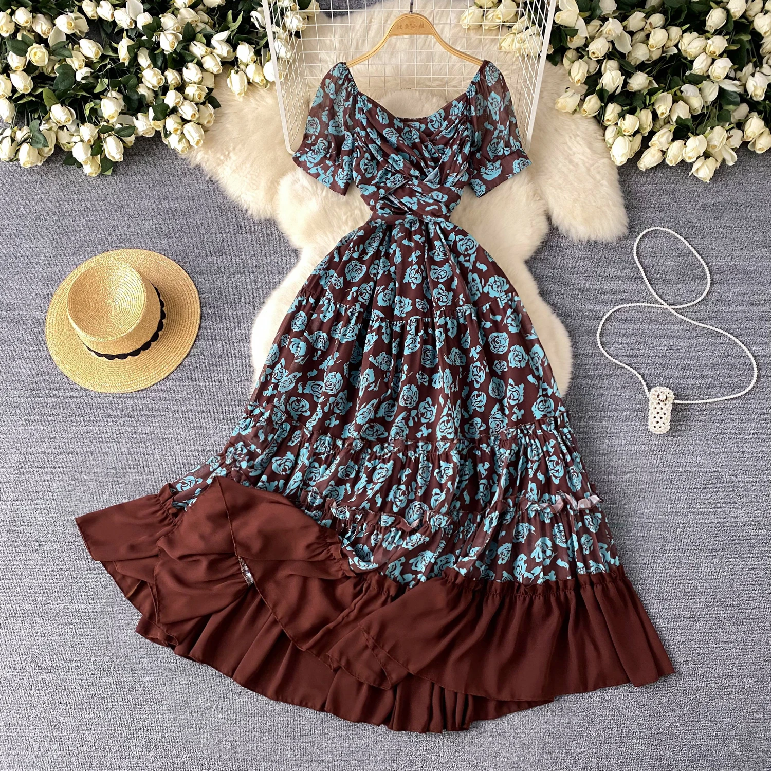 

Retro Elegant Ruffle Patchwork Short Sleeves O Neck Print Dress Beach Vacation Casual Women A-LINE Fashion Summer Dresses