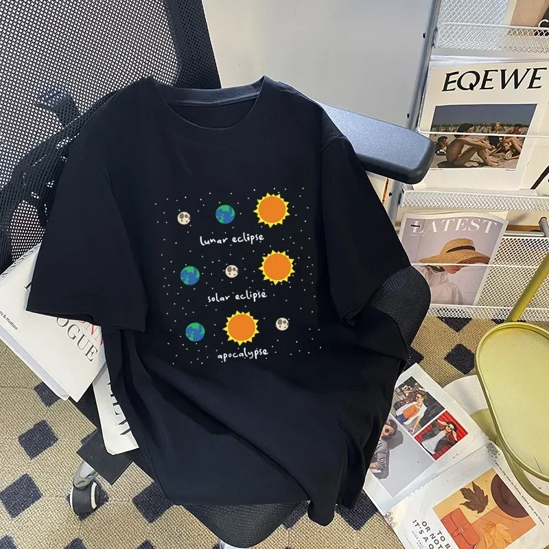 NOVEDAD DE VERANO 20225, camiseta Retro americana con cuello redondo para mujer, ropa de calle informal sencilla y holgada, camiseta elegante de manga corta, Top de nicho