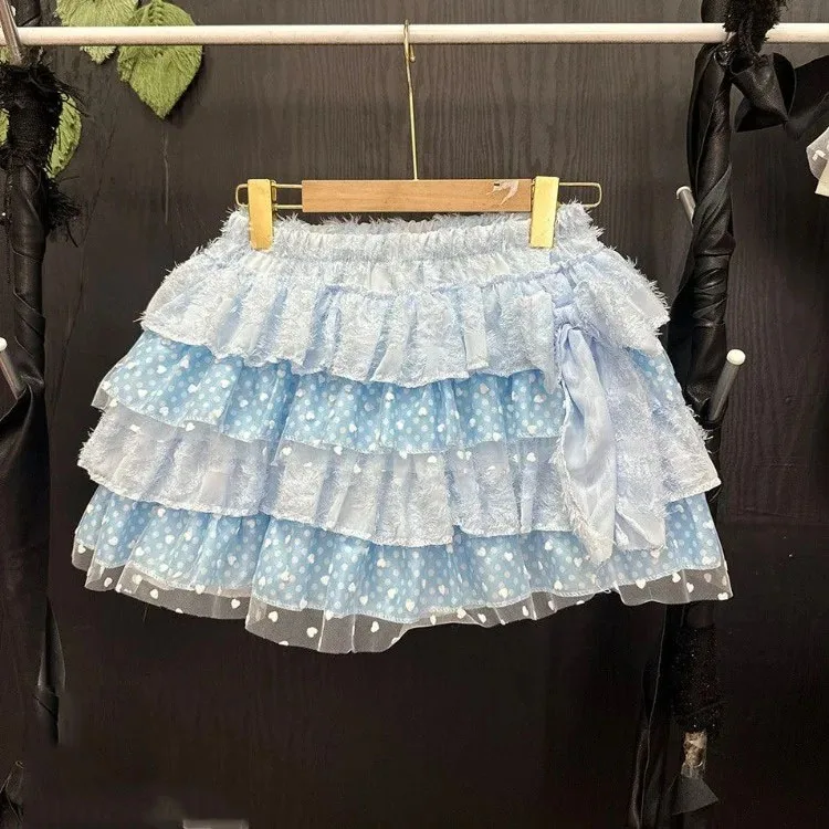 

Kawaii Sweet Blue Wave Point Print Mesh Skirts Y2k High Waist Bow Lace Up Ruched Cake Skirt for Women Summer Faldas De Mujer