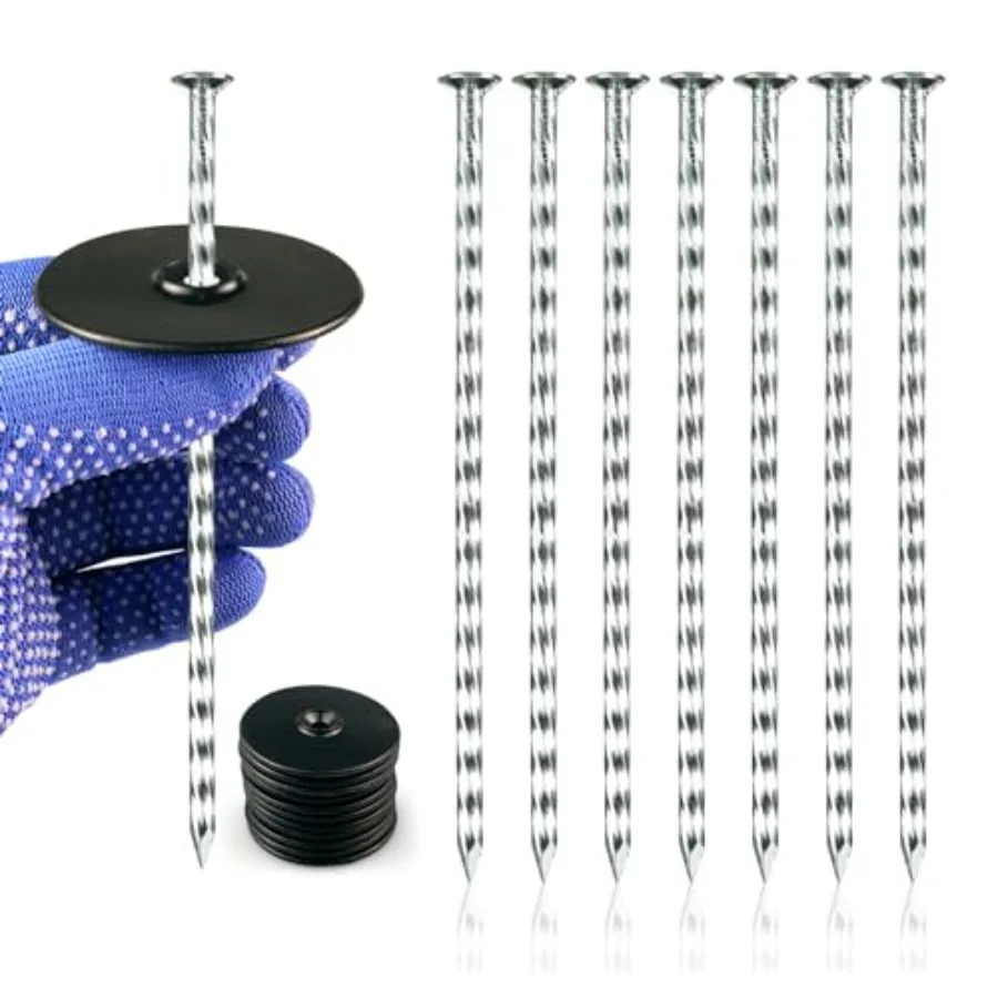 

Landscape stakes for outdoor use, galvanized metal, silver, heavy-duty spiral design with gasket for secure weed barrier and tu