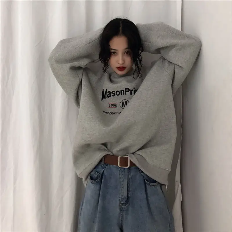 Vintage gray round neck hooded sweatshirt for women spring and autumn thin ins trendy loose lazy style Korean style y2k top emo