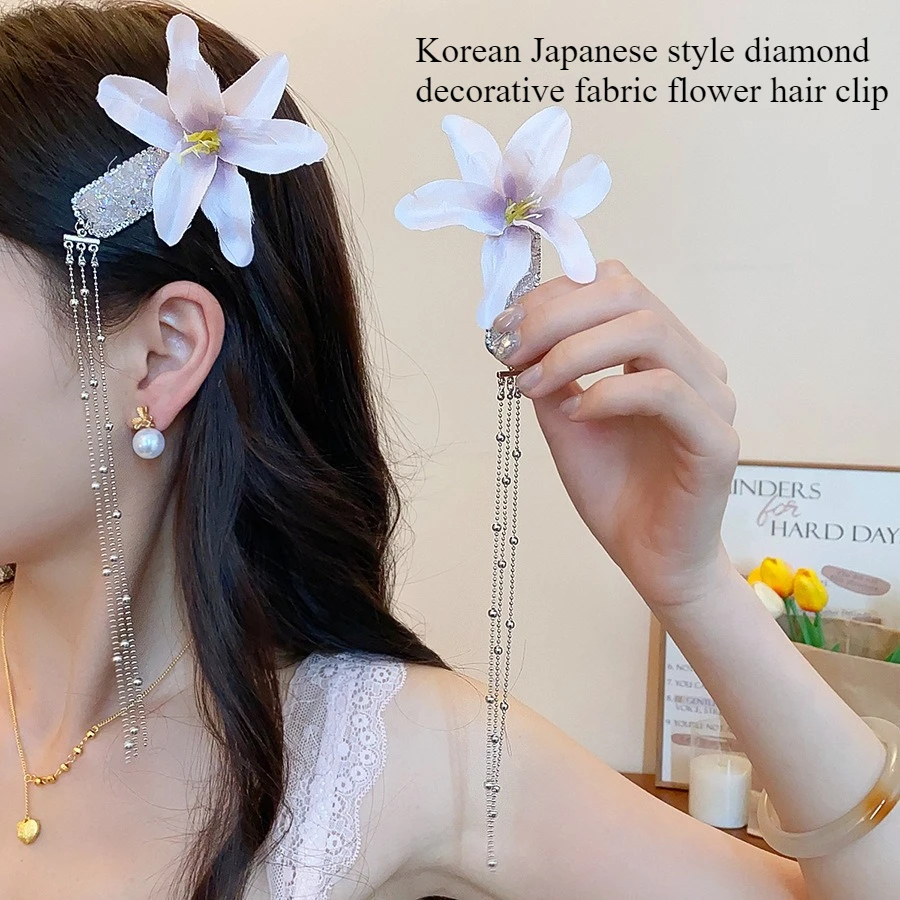 

Korean Japanese Style Diamond Decorative Fabric Flower Hair Clip Casual Vacation Style Shark Clip Luxurious Headwear Accessories