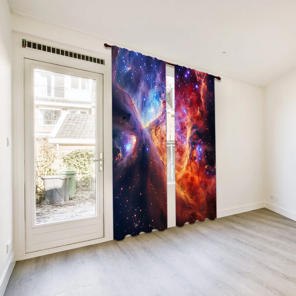 2pcs Modern Living Room Bedroom Decor Curtain Space Starry Planet Pattern Printed Curtain Four Seasons Easy To Hang Room Decor