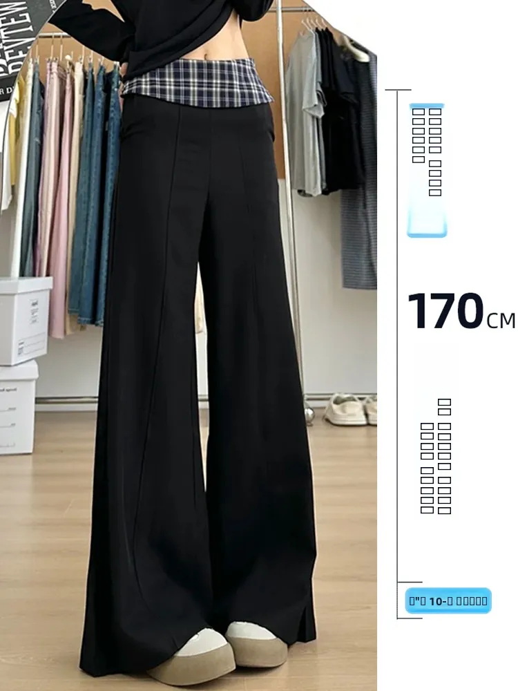 

Женские брюки с высокой талией, широкими штанинами, в клетку, с пэчворком, утепленные, черные, для осени и зимы, повседневные, в пол