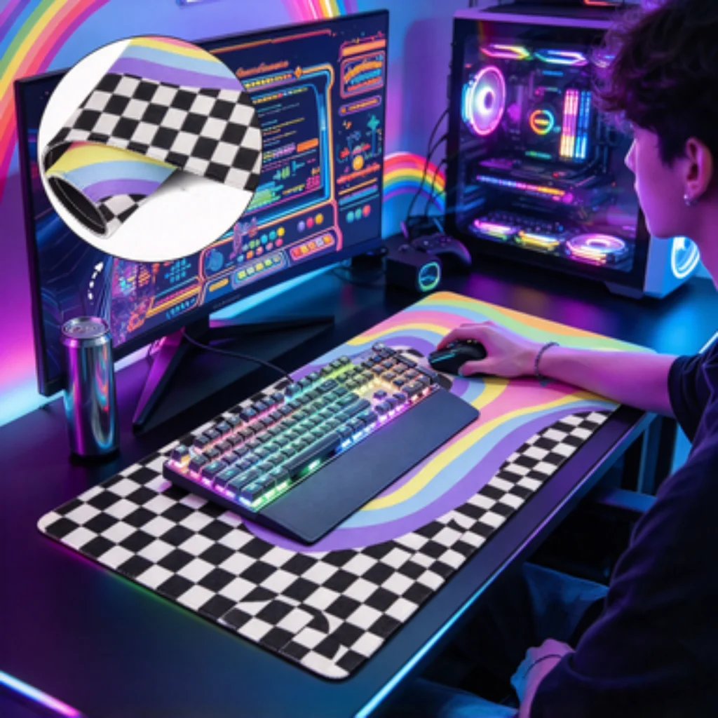 Pink Sugar Girl Desk Mat, Black White Checkerboard PC Accessory, Vintage Floral Mouse Pad, Gradient Pink Esports Desk Mat.