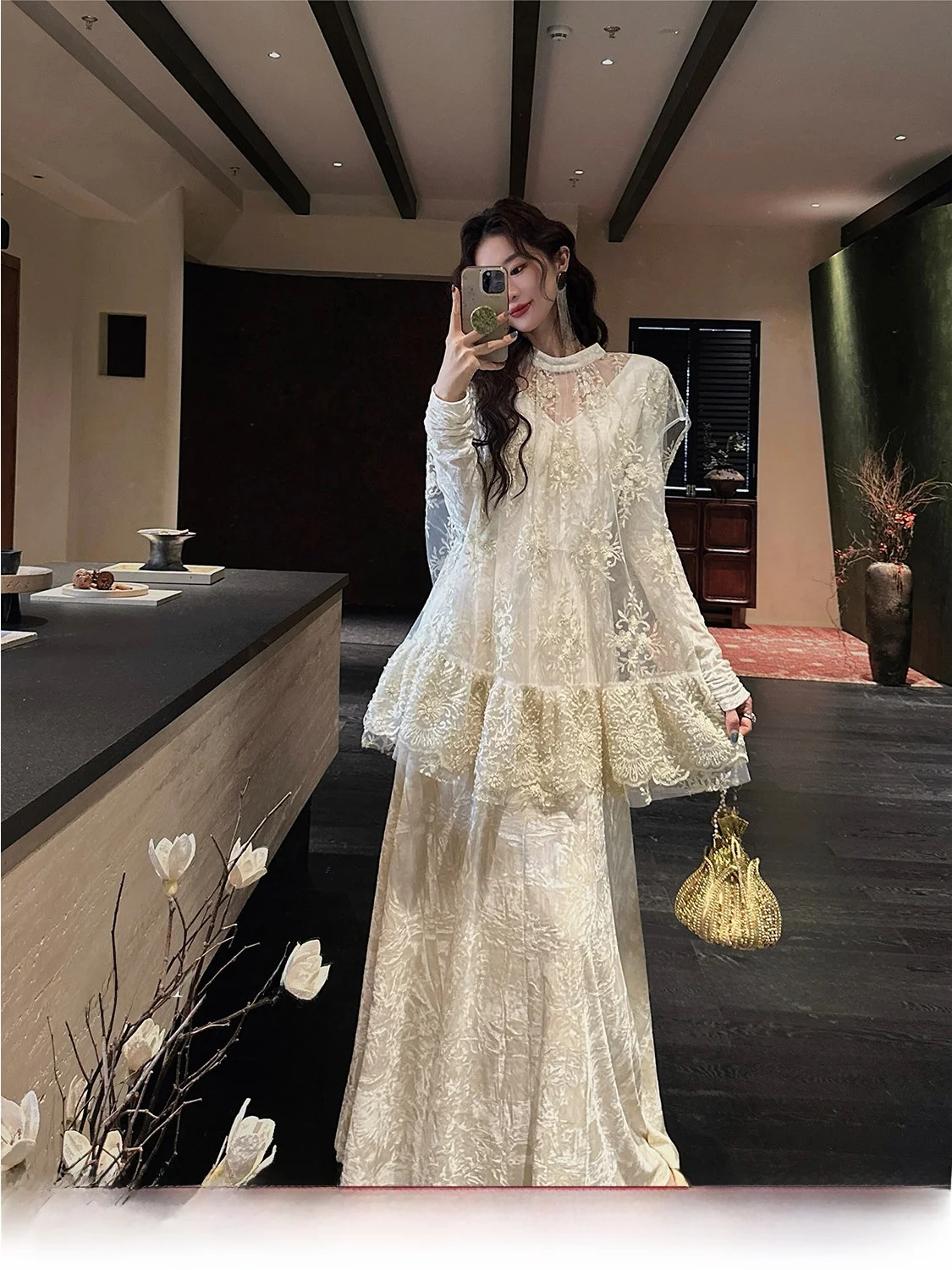 

Sanji Bla Flower New Chinese Sle Embroidered Velvet Dr Autumn Winter Long Skirt Casual Commute Loose Waist Polyester F...