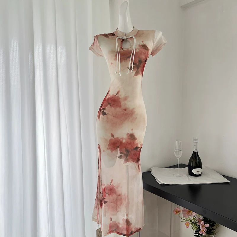 Moda migliorata Cheongsams Sexy ricama Qipao Split scava fuori abiti orlo abiti in stile cinese donna estate nuovo vestito