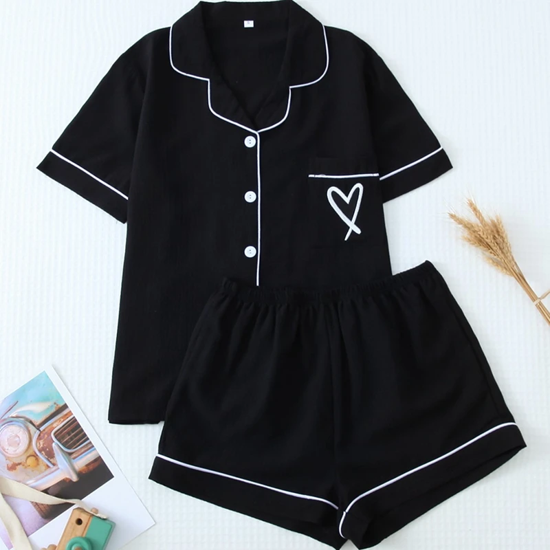 

Женский простой однотонный пижамный комплект, повседневный топ с короткими рукавами и лацканами, мягкие эластичные шорты, дышащая ткань для расслабления сна