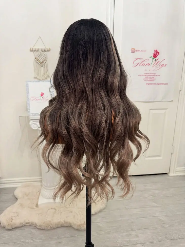 Perruque Lace Front Wig synthétique marron chocolat ombré 13x4, perruque Lace Front Wig HD à reflets 180% haute densité sans colle pour femmes