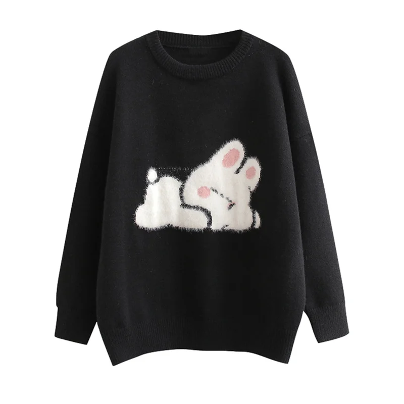 Crew Neck Sweater for Women Black Kawaii Cartoon Bunny Soft Chunky Knit Pullover Sweaters Tops Fall Winter Casual Cute Clothes