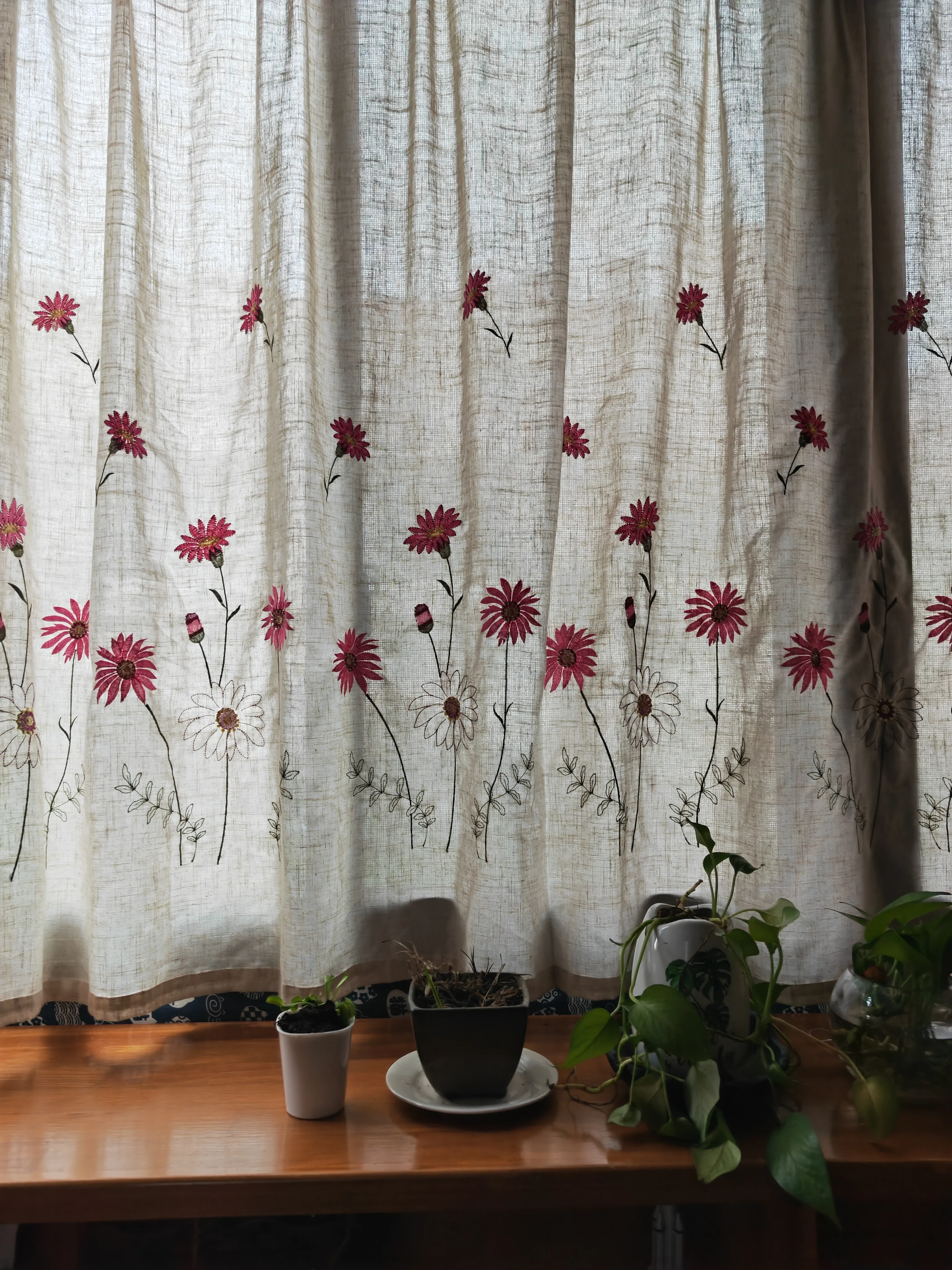 

Daisy Embroidery Cotton Linen Blackout Curtains for Living Room, Natural Hemp Window Treatments, Sheer Tulle Flax Fabrics