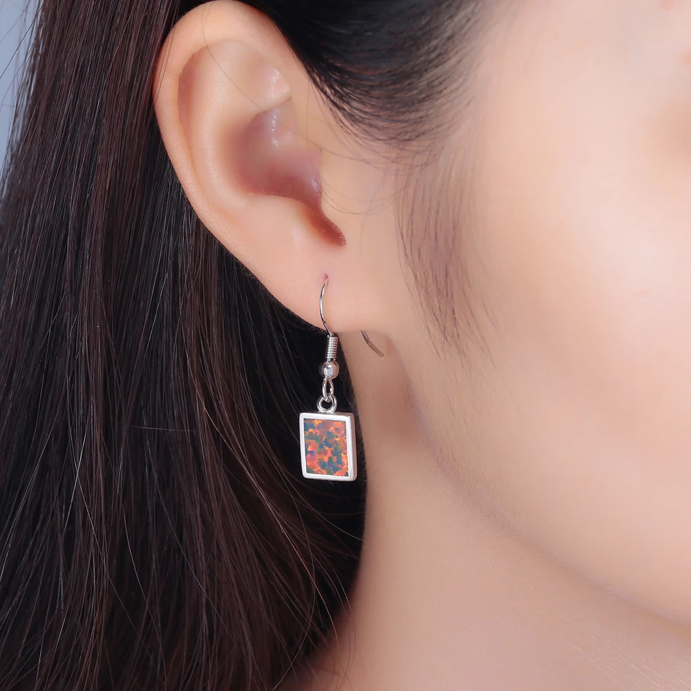 CiNily Created Pink Blue Orange Fire Opal Dangle Earrings Silver Plated Jewelry Gifts for Women Girls Square Shaped Drop Earring