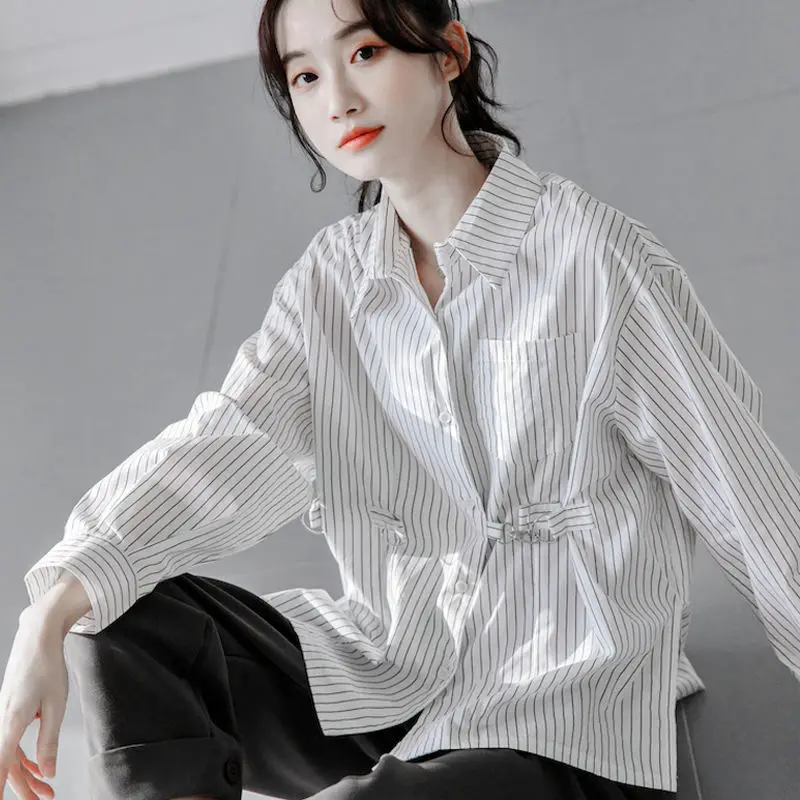 Casual Loose Fashion Classic Striped Pockets Turn-down Collar Button Patchwork Handsome Women's Clothing Spring Summer Blouses