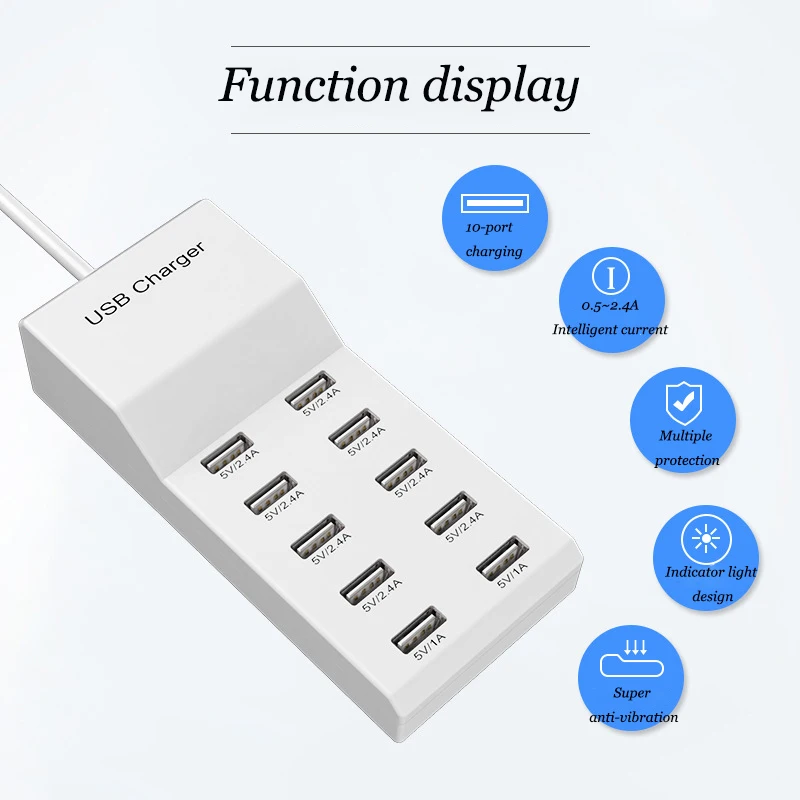 20pcs USB Multi port Charger Ten port Fast Charge Adapter for Mobile Phone Smart Plug For ipad Tablet Samsung Xiaomi Charger