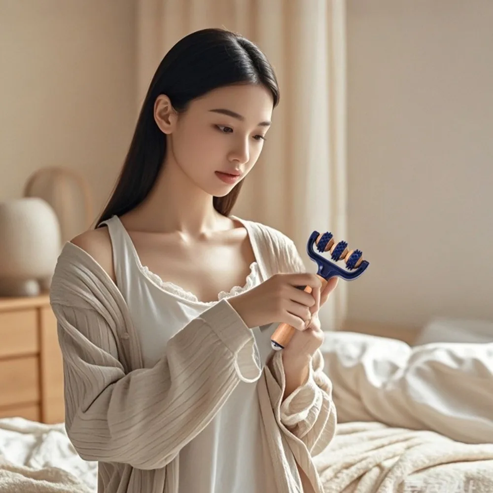 T Shape Handheld Massager Spiky Roller Wood Handle Body Massage Tool Silicon Head Dual Wheel Massage Roller Body Rolling Care