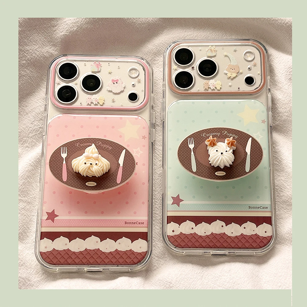 Niedliche 3D-Cartoon-Creme-Welpen-Halterung mit Tupfen, Drop-Glue-Handyhülle für iPhone 17 Pro Max, 16, 15, 14, 17 Pro Max, stoßfeste weiche Hülle