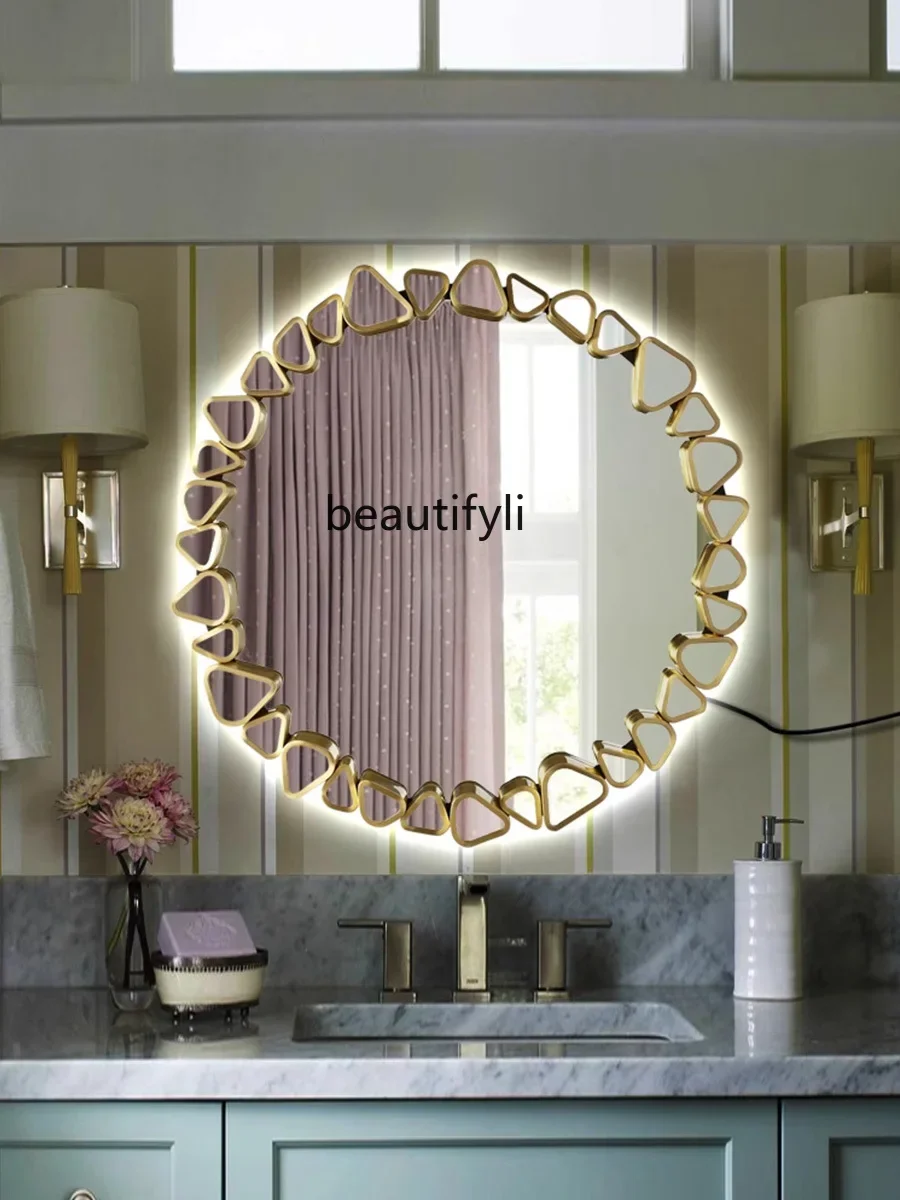 European light luxury round wall-mounted vanity mirror simple bathroom with lamp art mirror wall-mounted bathroom mirror